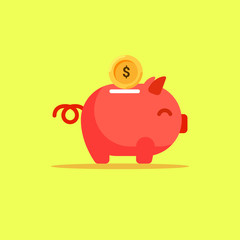  Piggy bank with golden coin falling inside. 