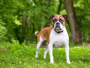 A Boxer/Bulldog mixed breed dog standing outdoors