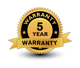 High quality golden 5 year warranty badge, sign, seal, label, stamp with ribbon.