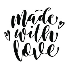 Made with love brush hand lettering, custom calligraphy isolated on white background. Vector type illustration.