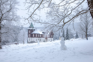 buildings in the spa town, intended for rest, in winter. Wellness, hotel, relax