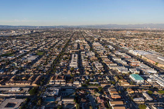 Afternoon aerial view of building and streets in sprawling Los Angeles County, California.  