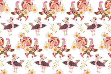 Fototapeta na wymiar Seamless pattern with funny chickens and roosters, camomile flowers and bird cherry berries on white background. Print for fabric, wallpaper.