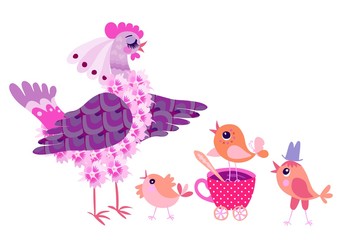 Cute hen, cup of tea and little chickens isolated on white background. Pretty card design for baby.