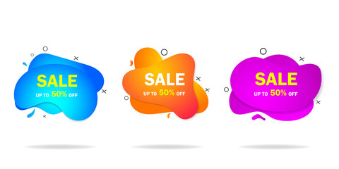 Trendy gradient organic liquid shape with sale.Graphic isometric illustration with sale offer for retail, advertising, social media.Organic round shape.vector