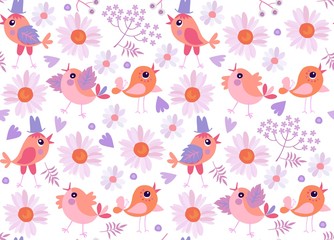 Seamless ornament with cute cartoon little chickens, daisy flowers and leaves isolated on white background. Print for fabric, wallpaper for baby.