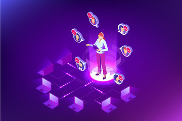 Isometric Communication support phone operator, Call center and Customer service help desk. Service desk consultant talking on a hands-free phone.