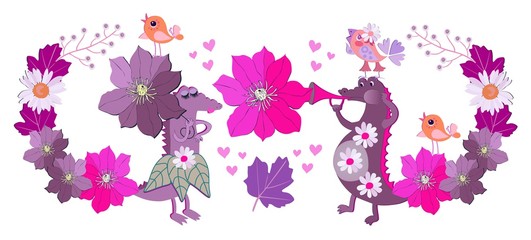 Funny horizontal card with crocodiles in love, bright colors and funny little birds on a white background. Wedding invitation, illustration for children's magazine.