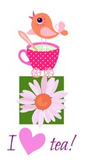 Tea party invitation card with cute little bird standing on the cup of tea , camomile flower and text 