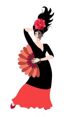 Beautiful spanish flamenco dancer, dressed in red- black dress with fan in her hand posing isolated on white background. Card, poster, design element.