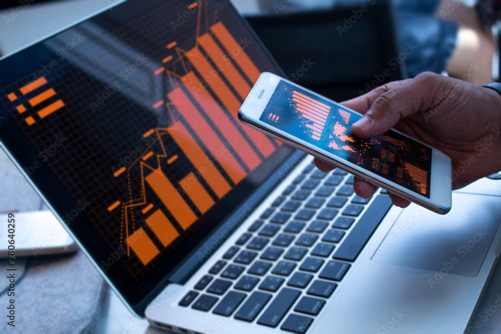 Poster businessman pick hold mobile phone and notebook laptop computer with network social technology and d