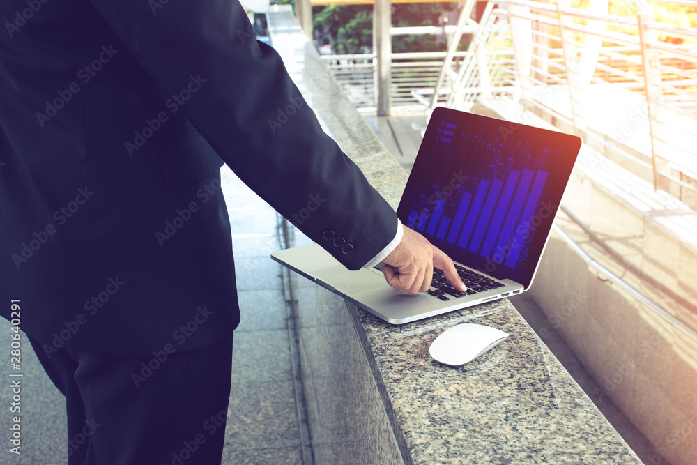 Poster businessman with notebook laptop computer with network social technology and digital cloud storage, 