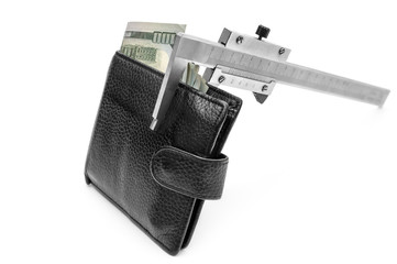 Vernier caliper and wallet with money on white. Planning home  budget.