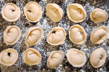 Fototapeta na wymiar Raw dumplings on table sprinkled with flour