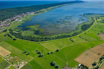Aerial view of Vistula Split. Mierzeja Wislana Landscape Park. Photo made from above by drone. - obrazy, fototapety, plakaty