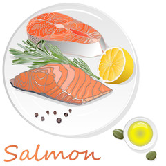 Raw salmon fillets with herbs on the plate. White background. Vector illustration