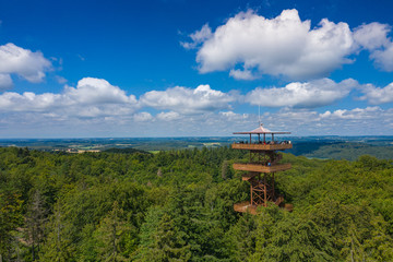 Fototapeta premium Aerial view of Wiezyca. Observation Tower. Kashubian Landscape Park. Kaszuby. Poland. Photo made by drone from above. Bird eye view.
