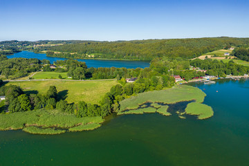 Aerial view of Kashubian Landscape Park. Kaszuby. Poland. Photo made by drone from above. Bird eye view.