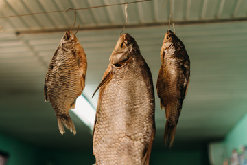 Suszone ryby, ryby powieszone na haczykach, tiraspol market