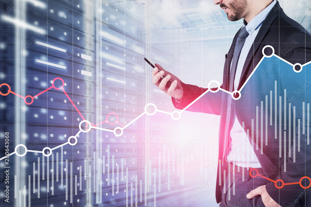Poster man in server room, digital graph