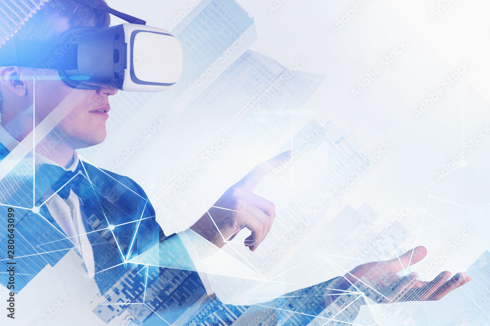 Poster man in vr glasses working with digital network
