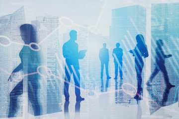 Business people in city, digital graph