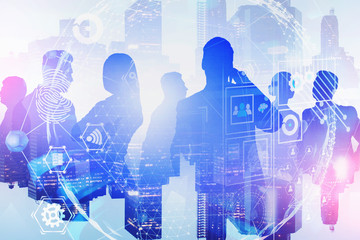 People in city, global internet interface