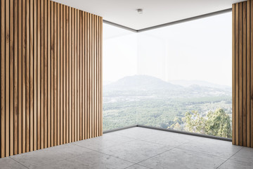 Empty wooden wall room corner with window