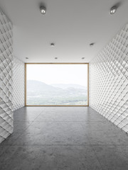 Empty panoramic white tile room interior
