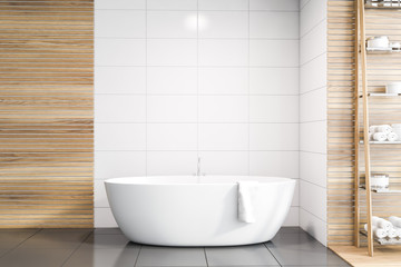 Naklejka na ściany i meble White tile and wood bathroom interior with tub