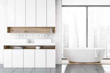 Fototapeta na wymiar Panoramic white bathroom, tub and double sink