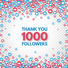 Thank you 1000 followers background. Social media concept. 1k followers celebration banner. Like and thumbs up. Achievement poster. Counter notification icons. Vector illustration - obrazy, fototapety, plakaty