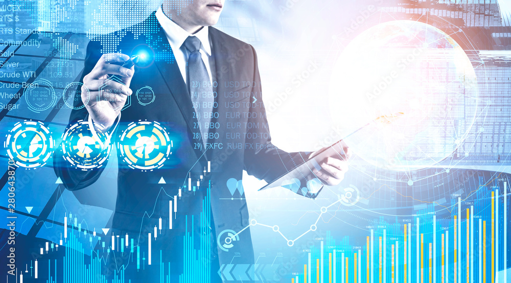 Poster man working with infographic interface