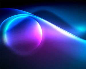 Neon blue electric wave abstract background. Abstract technology background. Black background. Abstract magic light motion background.