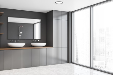 Fototapeta na wymiar Panoramic gray bathroom corner with double sink