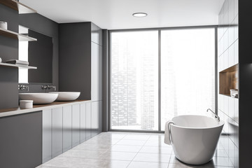Fototapeta na wymiar Panoramic gray bathroom interior, sink and tub