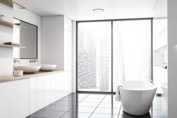 Panoramic white bathroom interior, sink and tub