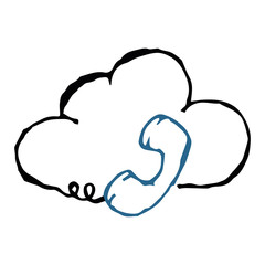 Telephone receiver with a wire on a background of a cloud. Retro handset phone. Call center. Vector illustration. Simple hand drawing icon.