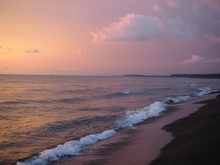picturesque Pink sunset on lake beach sea sand beautiful colors in the sky clouds