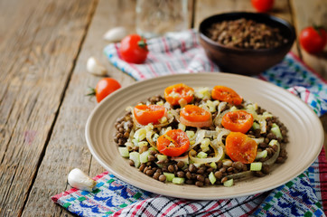 Green Lentil roasted onion and tomato salad