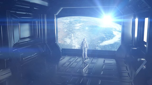 Alone astronaut in futuristic spaceship, room. View of the earth. Cinematic 4k footage