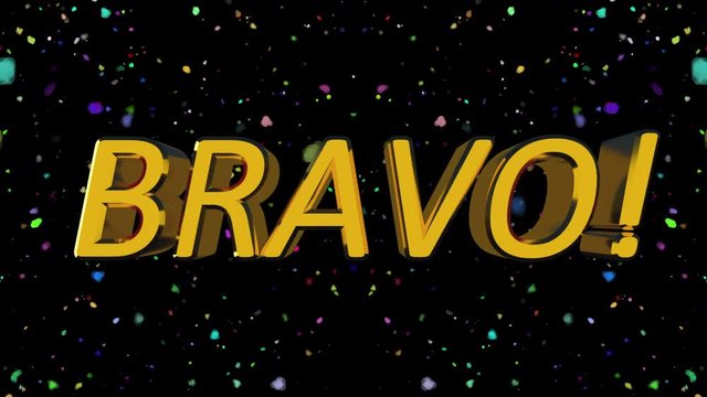 Golden shiny text Bravo with many particles, modern background for events, 3d rendering computer generated backdrop