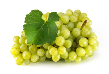 Green grape with leaves isolated on white. With clipping path. Full depth of field.