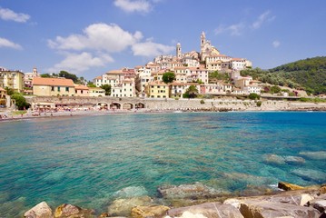 panoramic view of Cervo village one of the most beautiful of Liguria coast, Italy  - obrazy, fototapety, plakaty