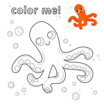 Outline octopus. Coloring page. Black and white octopus cartoon character. Vector illustration isolated on white background. marine animals coloring book. Game for kids.