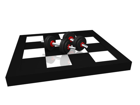 zwei Miniatur Hanteln auf einem Schachbrett. 3d render