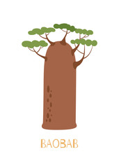 Baobab in funny cartoon style. It can be used for registration of a children's interior, fabrics, design. Vector illustration on white isolated background.
