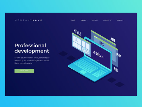Header for website. Concept of web development, programming and coding. Elements of interface and browser windows on monitor screen. Homepage. Innovations and technologies. Landing Page.