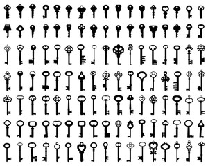 Set of black silhouettes of door keys on a white background
