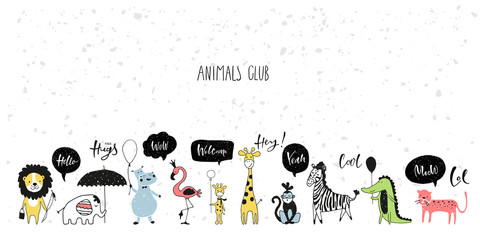 Safari cute animals row with lettering. Vector childish set